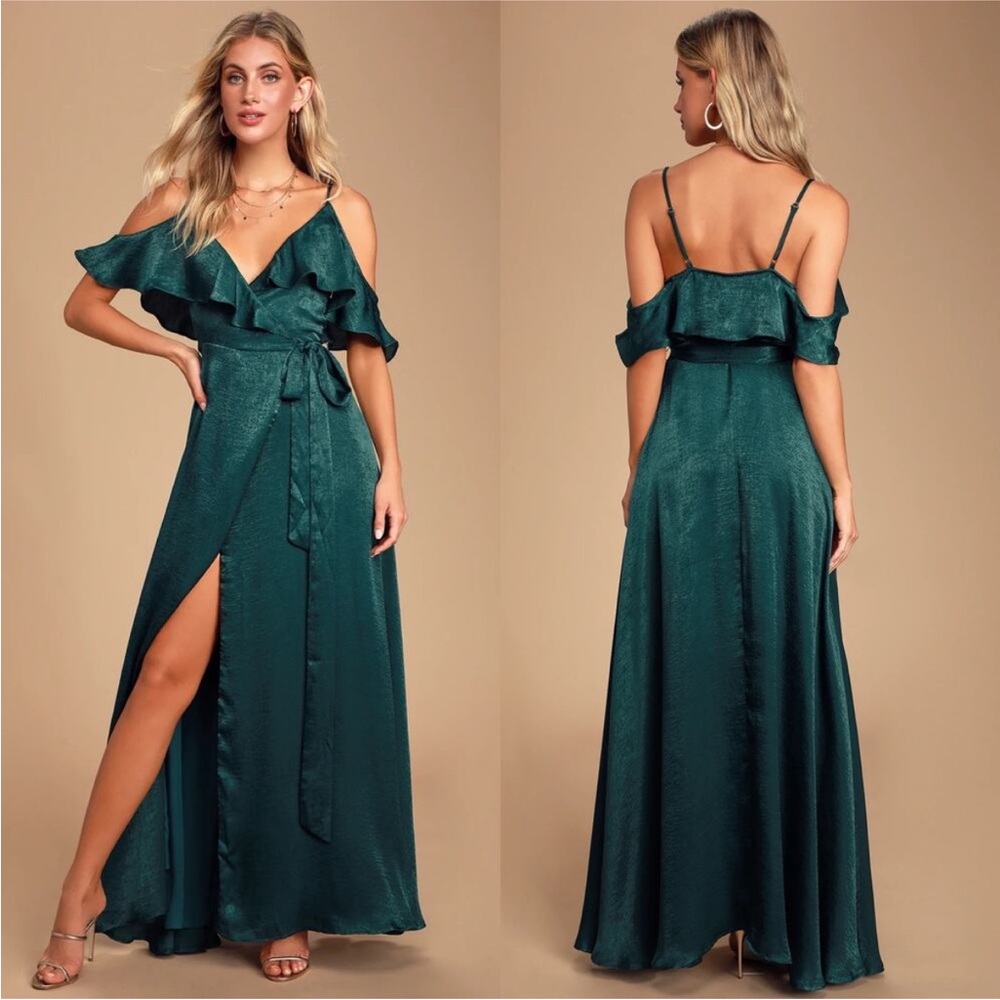 Lulu's Emerald Green Ruffle Cold-Shoulder Maxi Dress